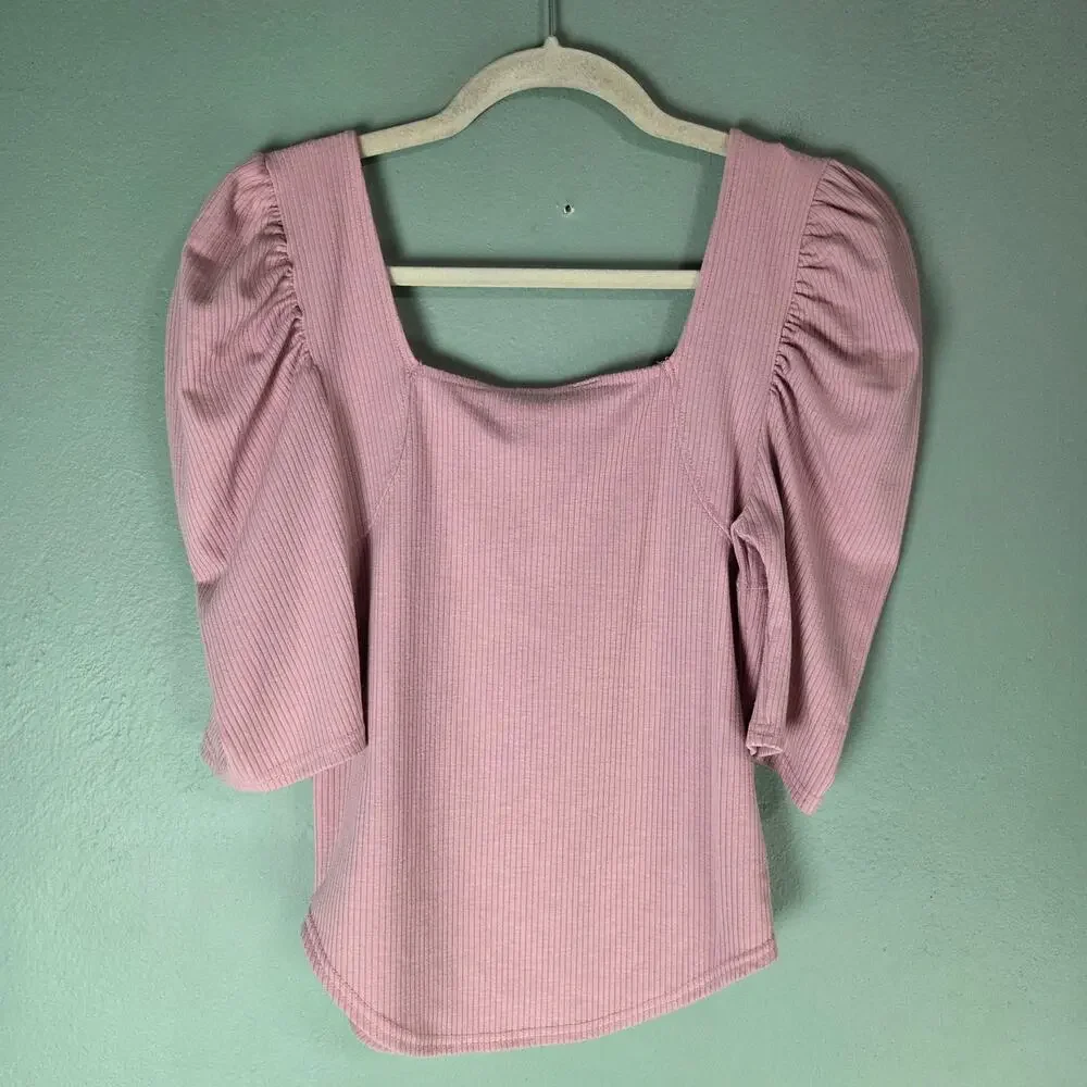 We the Free Womens M Night Lilly Puff Shoulder Square Neck Shirt Top Pink Ribbed